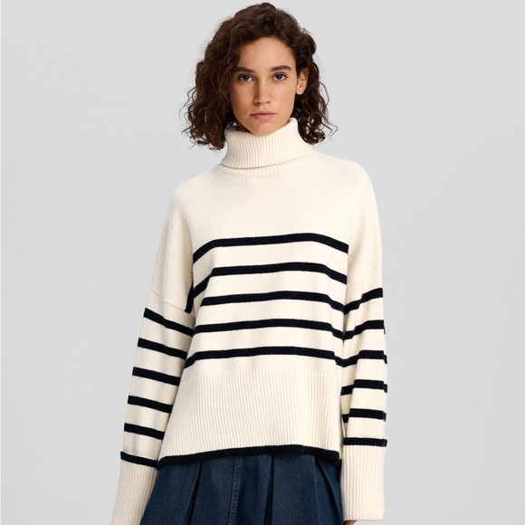 NWT Bershka Roll Neck Sweater in Ecru & Black Stripe Sweater - Picture 3 of 10